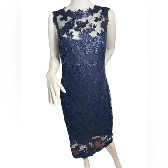 Tadashi Shoji | Dresses | Tadashi Shoji Sequin Illusion Yoke Sheath Dark  Blue Dress | Poshmark
